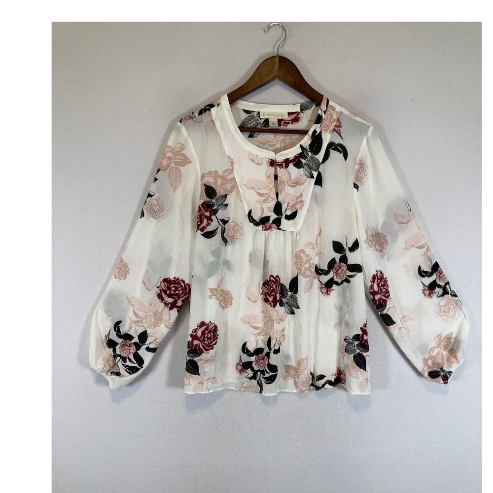 Romantic Floral Emaline Women LG White Burgundy‎ Keyhole Pleated Peasant Blouse